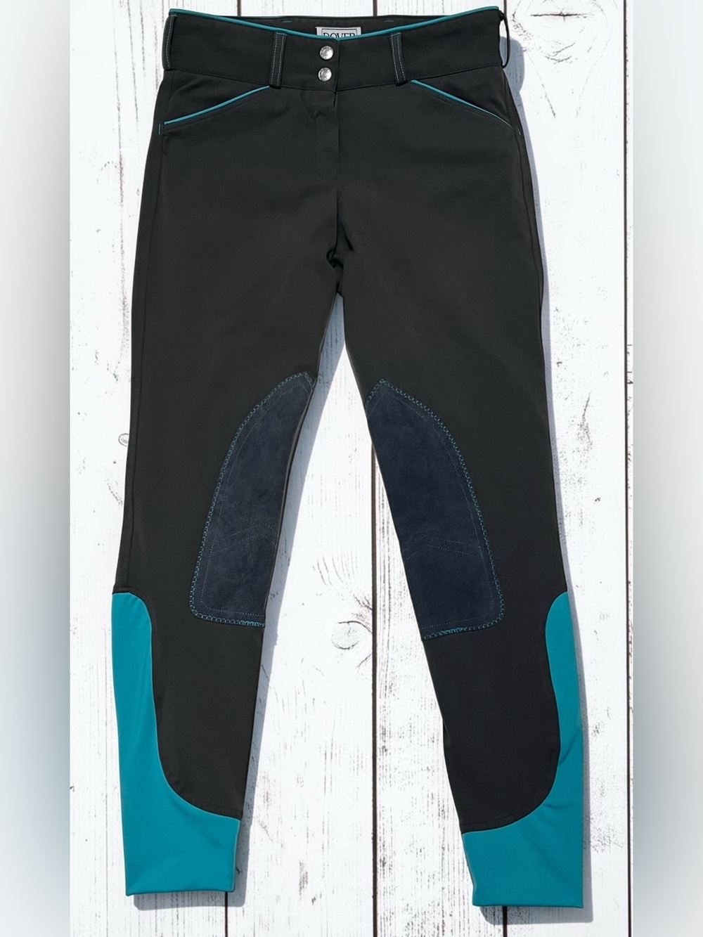 Dover Saddlery Wellesley 24 Knee Patch Equestrian Breech Pants Grey Turquoise